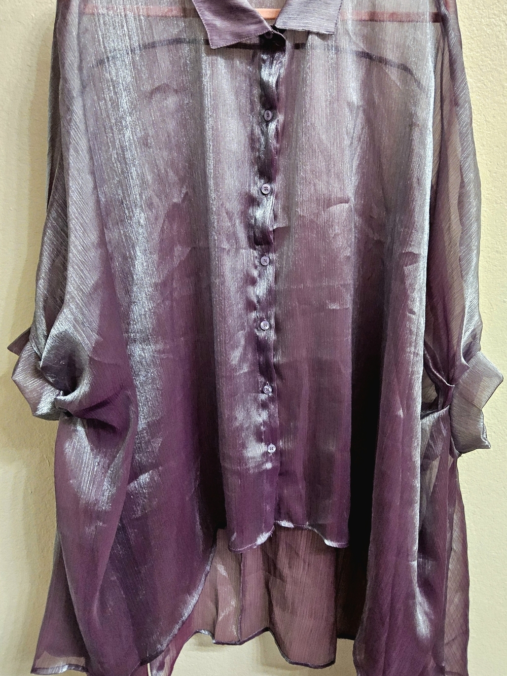 Vintage 90s Iridescent Purple Sheer Organza Oversized Button Down Blouse 14/16